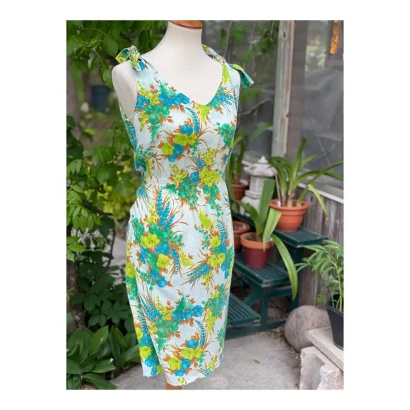 50s 60s Dress Hawaiian Tie Straps Floral - Picture 3 of 11